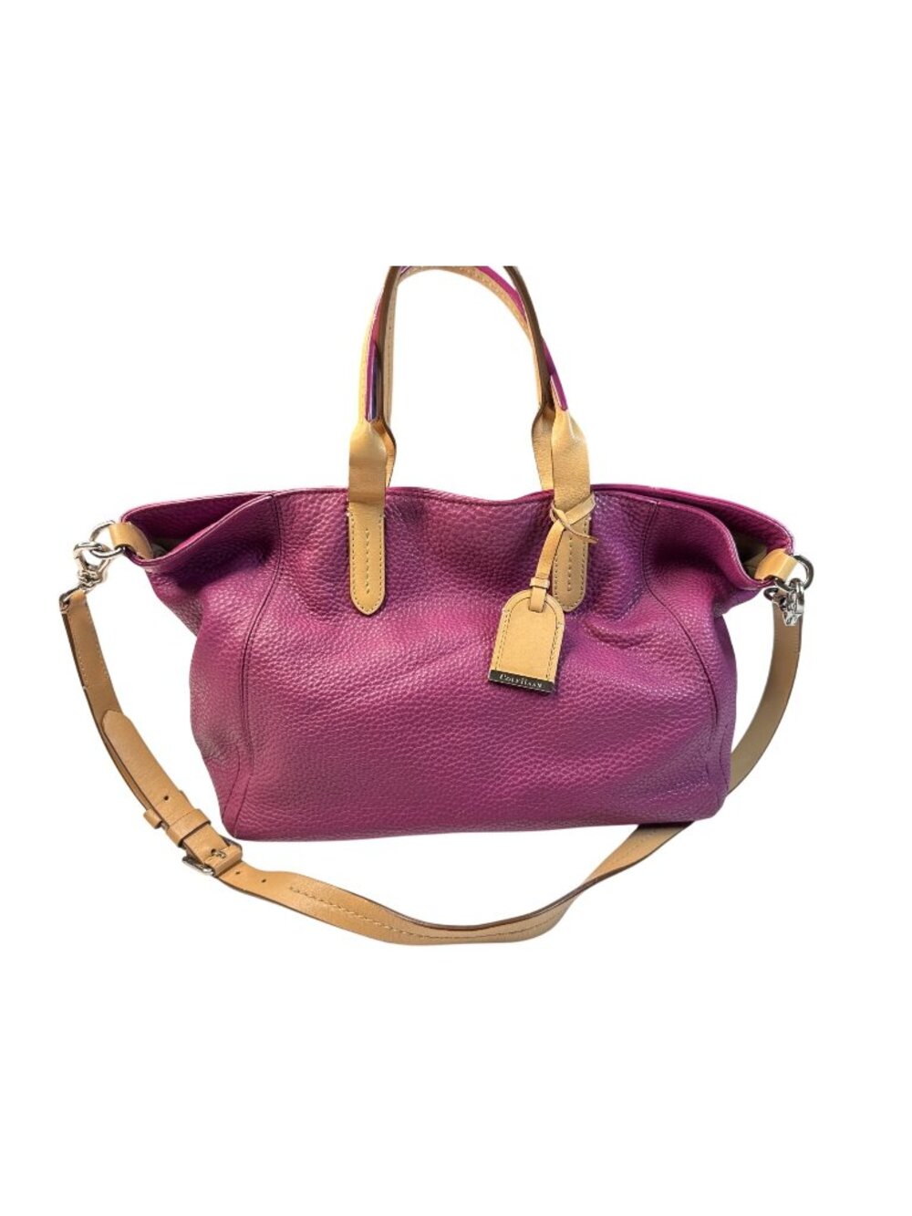 Cole Haan Purple Leather Tote Bag With Cream Interior & Tan Handles 12"x7"x6"